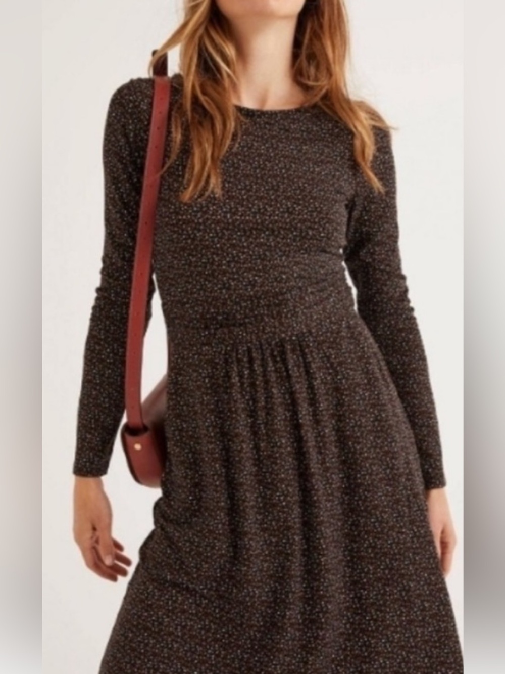 Boden Dark Brown Micro-Dot Print Long Sleeve Midi Dress - Picture 9 of 13